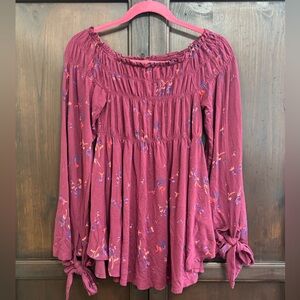 Free People Bonjour Tunic Floral Smocked Off the Shoulder Top Size Small